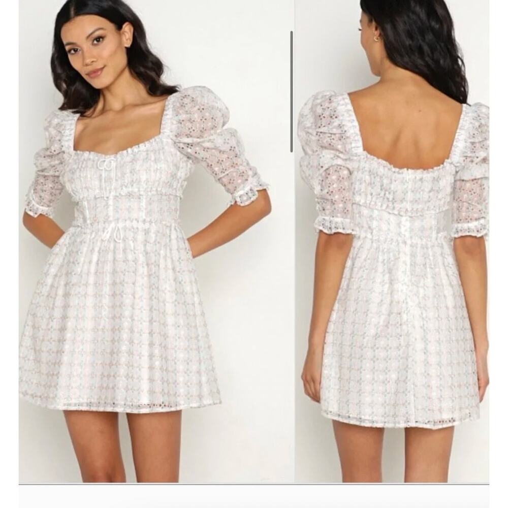For Love and Lemons Libby Mini Eyelet White  Dress. Medium